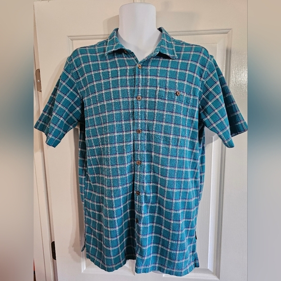 Patagonia Large Blue Green Worn Wear Short Sleeve Button Shirt Outdoor Preppy - Picture 2 of 7